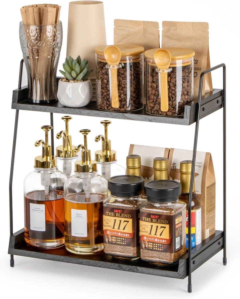PromoHome 2-laags Keuken Organizer voor keuken Accessoires - Zwart Houten Planken met Metaal Frame