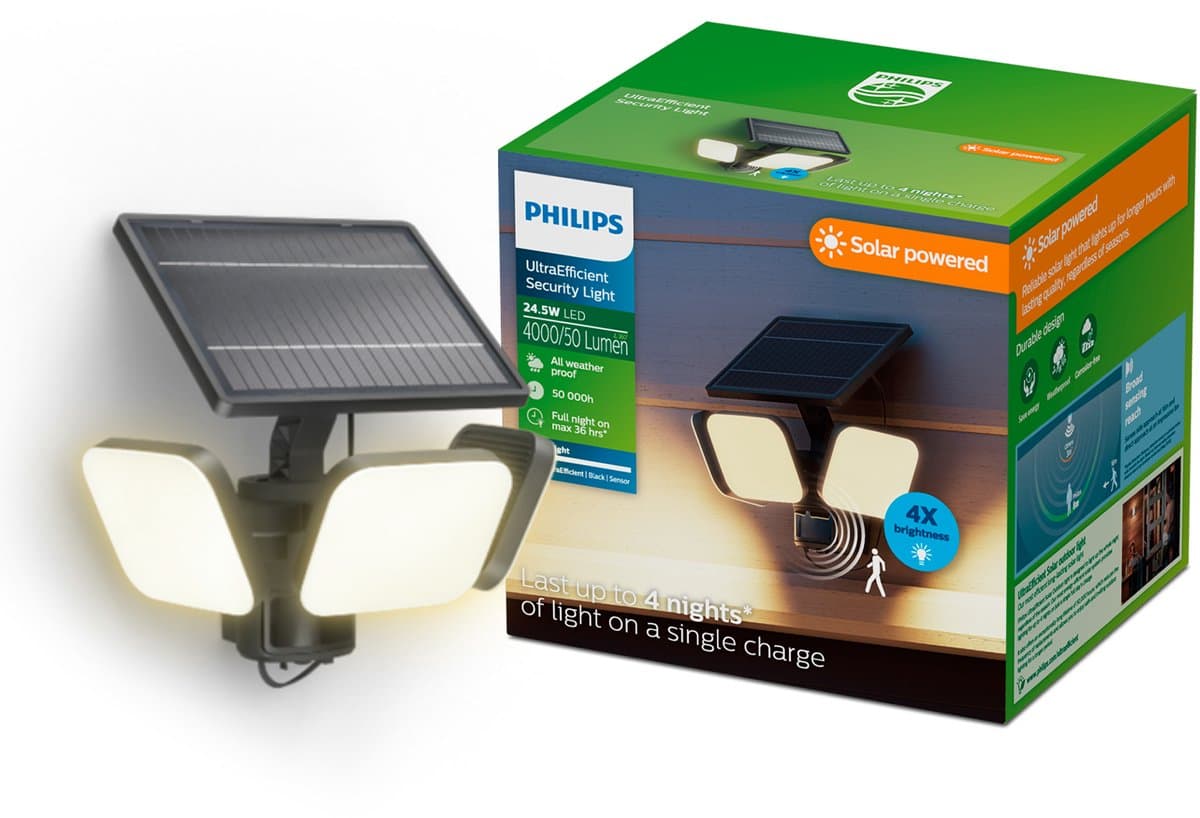 Philips UltraEfficient Zyren Wandlamp - Solar Beveiligingslamp - Bewegingssensor - Helder wit licht: 3000K - 24,5W - Zwart - Twee lichtstanden - Schemersensor - Zonne-energie - Waterbestendig