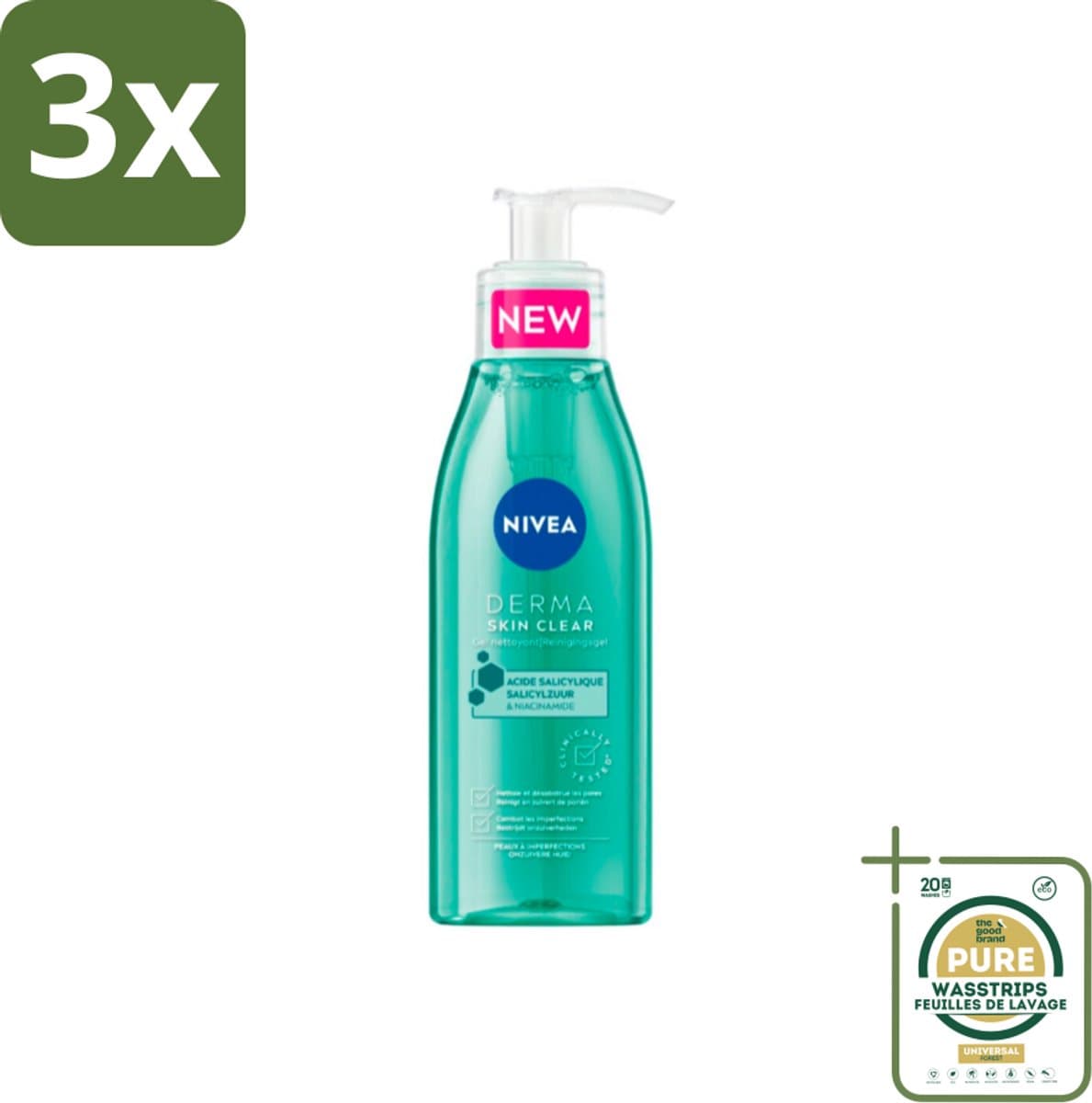 3 x NIVEA - Reinigingsgel - DERMA Huidzuiver - Voor onzuivere huid - Met Salicylzuur (AHA) & Niacinamide - Tegen Acne & Mee-eters - 150 ml - Grootverpakking - Acne - Puistjes - Onzuivere Huid - Reinigingsgel - Salicylzuur