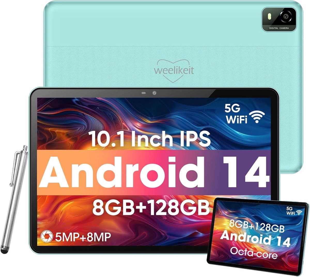 10 Inch Android Tablet met 1280 x 800 IPS HD Touchscreen, 8 GB RAM, 128 GB ROM, 5G WiFi 6, Bluetooth 5.0, Dual Camera - Perfect voor Cadeaus