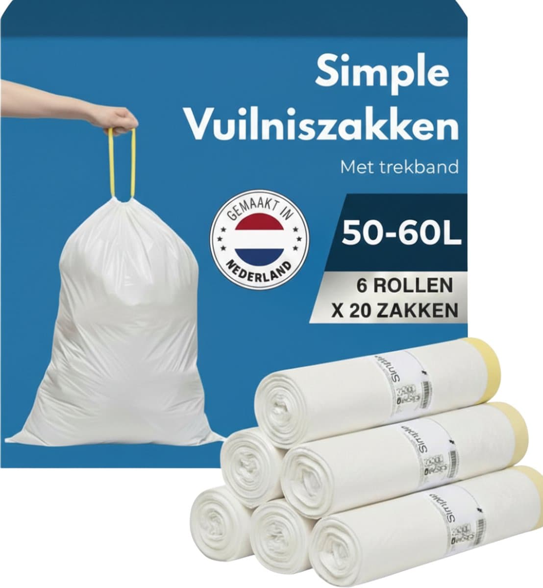 Simple Vuilniszakken 60 liter - 120 Stuks - Geschikt voor Brabantia code H - Brabantia Vuilniszakken H - Afvalzakken 60 liter - Geproduceerd in Nederland - Poubelle 60L - Vuilzakken 60 liter - Pedaalemmerzakken 60 liter
