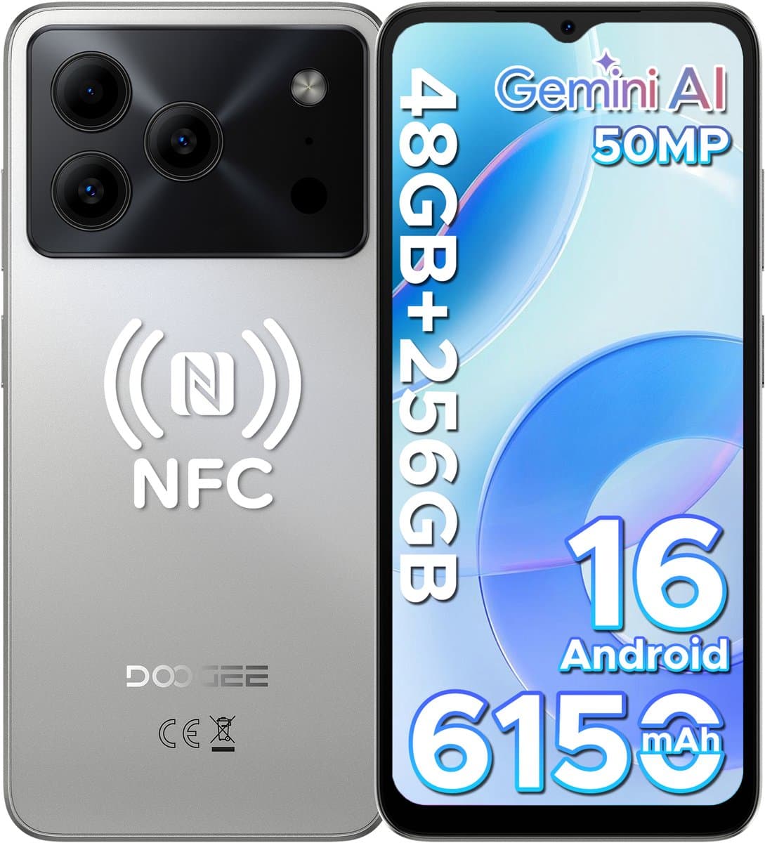 DOOGEE Note 56 Plus - Smartphones - Telefoon - 48 GB RAM+ 256 GB ROM (2TB/TF) - 50 MP camera - 6150 mAh/18W - 6.56 inch 90Hz - Gemini AI - Widevine L1 - NFC - Face ID - Vingerafdruk - GPS - Natural