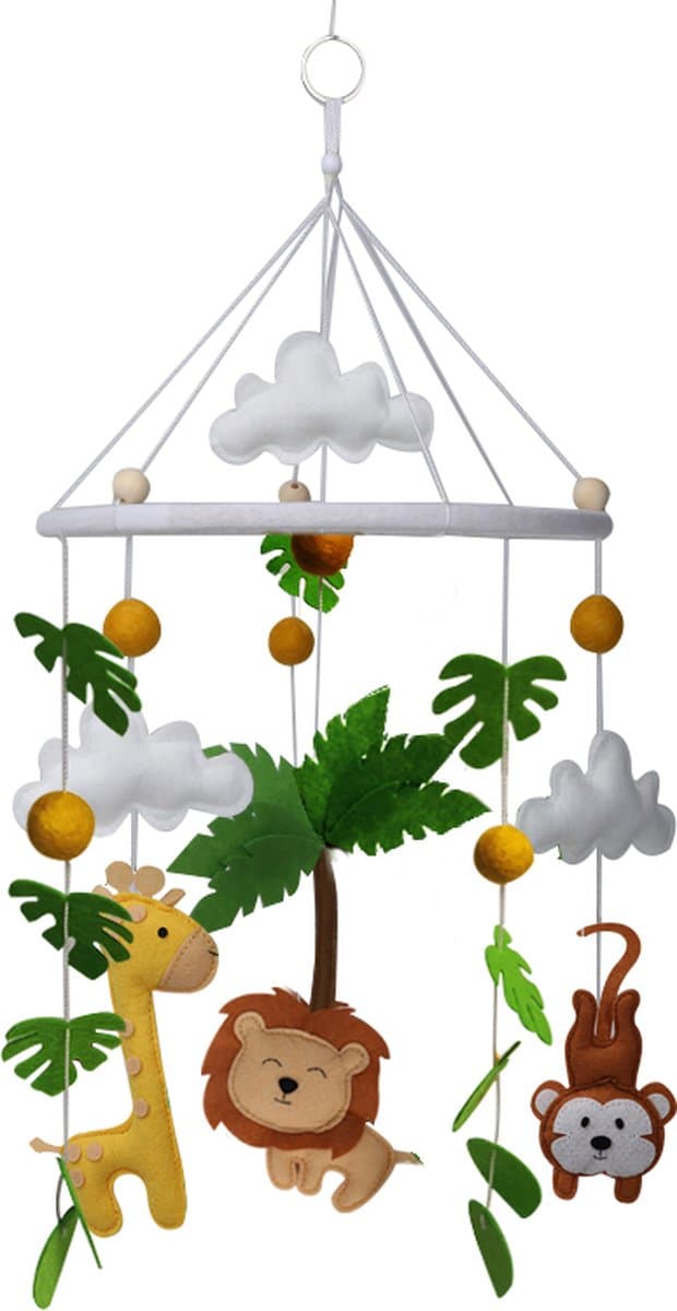 Kersvers - Box mobiel - Mobiel baby jongen - Dieren - Kraamcadeau - safari - Jungle - Leeuw - Giraffe - Aapje - Vilt - Wieg - Babykamer - zonder muziekarm - jungle speelgoed - jungle knuffel