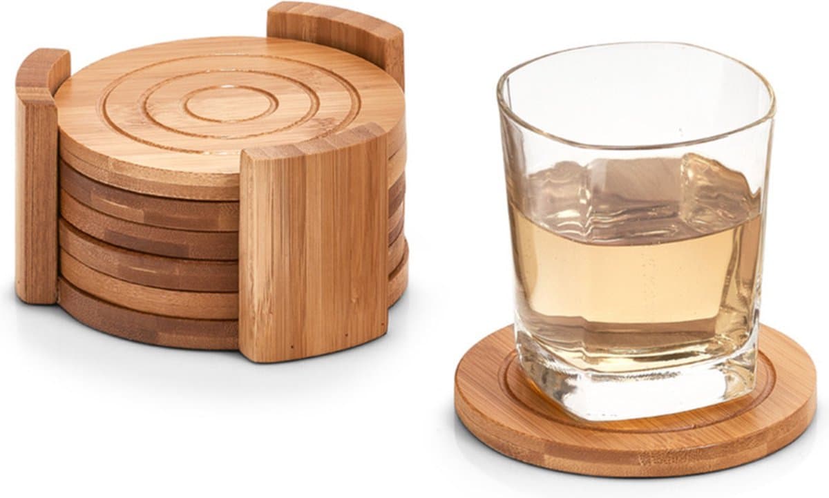 Zeller Onderzetters - 6x - in houder - bamboe hout - 10 cm - glazenonderzetters