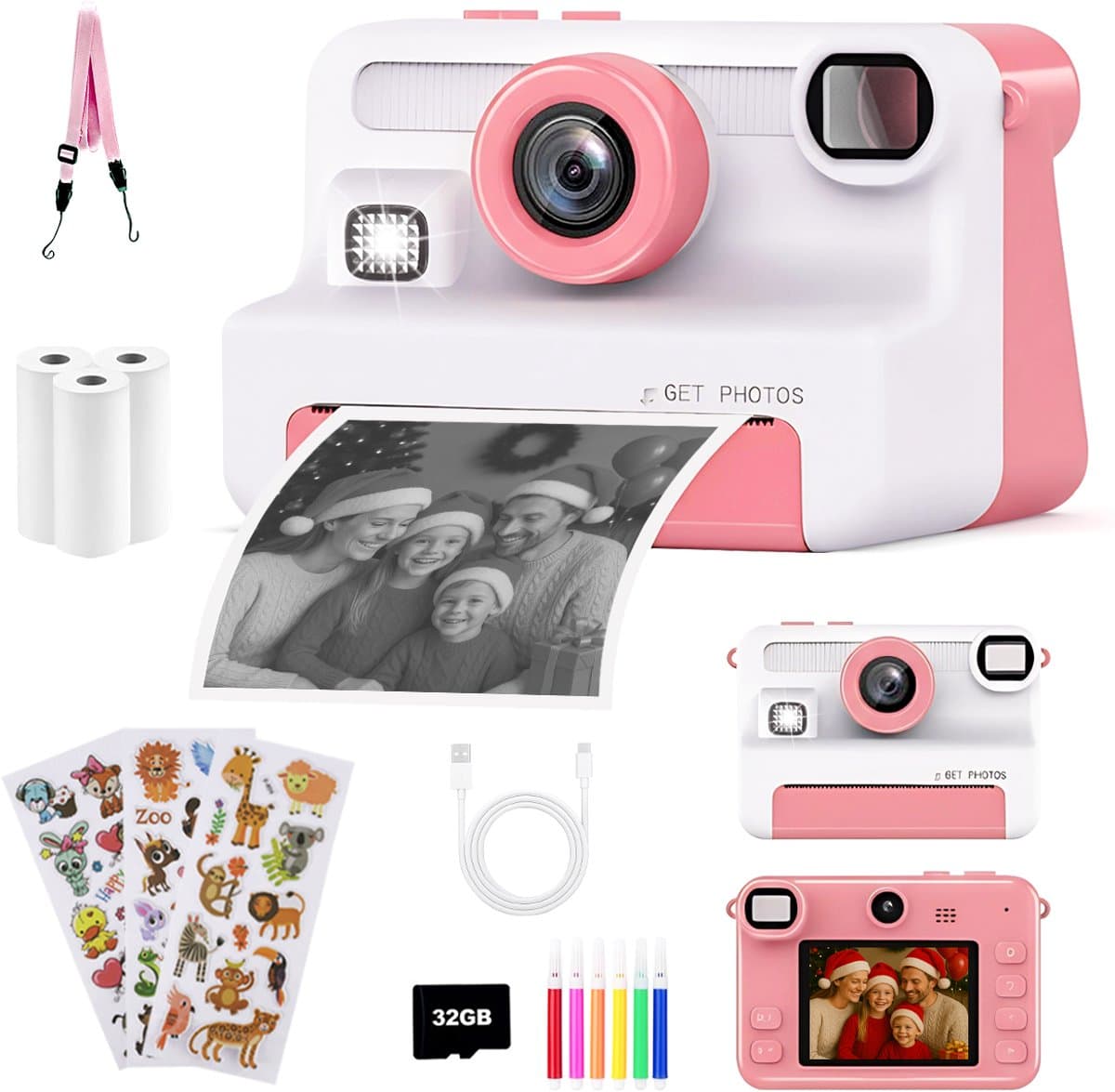 FOSMET Kindercamera met Printer - Selfie Camera - 30MP Full HD Digitale Camera Kinderen - 2,4 Inch Display - 8x Optische Zoom - Incl. 32GB SD-Kaart & 3 Rollen Printpapier - Digitale kindercamera - Cadeau voor 3-12 Jaar - Roze