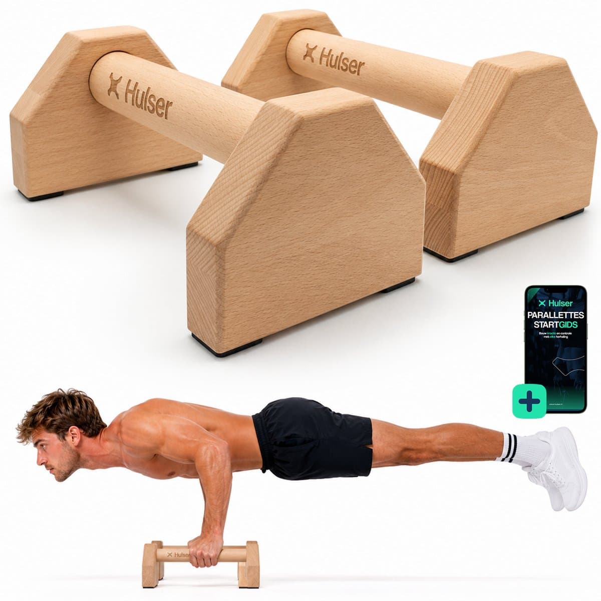 Hulser Houten Parallettes - 10 cm hoog - Push-up bar - Met digitale startgids - Grips - Steun - Opdruksteunen - Dip bars - Opdrukken - Calisthenics - Turnen en Gymnastiek