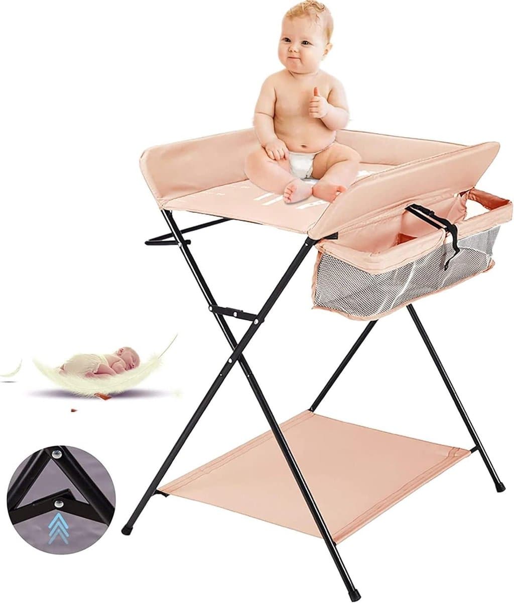 Baby Verschoontafel - Commode Baby - Babyverzorging Thuis - Inklapbaar en Verrijdbaar - 98 cm Hoog - Roze
