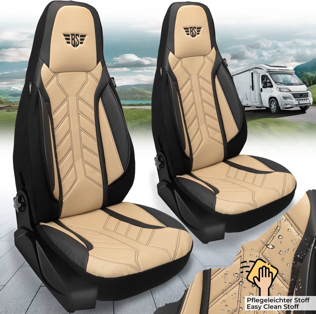 Premium Camper stoelhoezen voor Rapido Vans DPL507 in Zwart/Beige (2 losse stoelen)