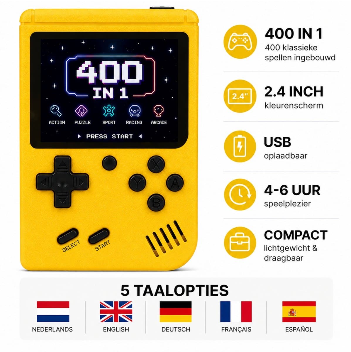 Fivesquare Retro Handheld Game Console – 400 Games Mini Arcade Spelcomputer met 2.4’’ Kleurenscherm – USB Oplaadbaar, Compact Reisspel voor Auto & Vliegtuig – Cadeau voor Jongens/Meisjes & Retro Gamers, Geel