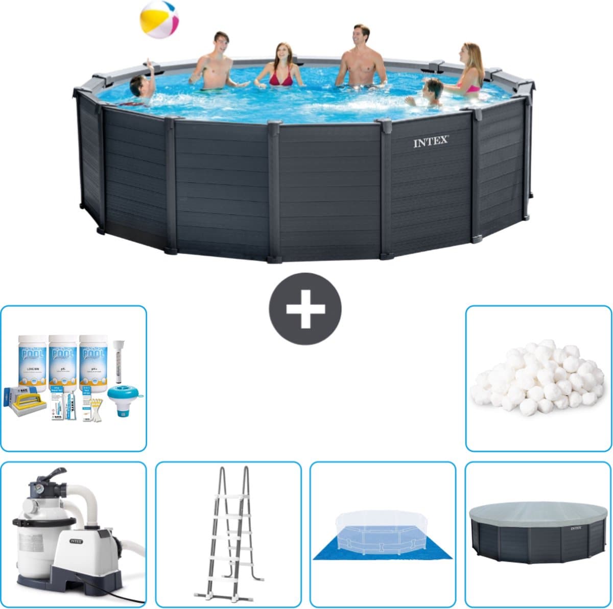 Intex Rond Graphite Gray Panel Zwembad - 478 x 124 cm - Inclusief Pomp - Ladder - Grondzeil - Afdekzeil Onderhoudspakket - Filterbollen