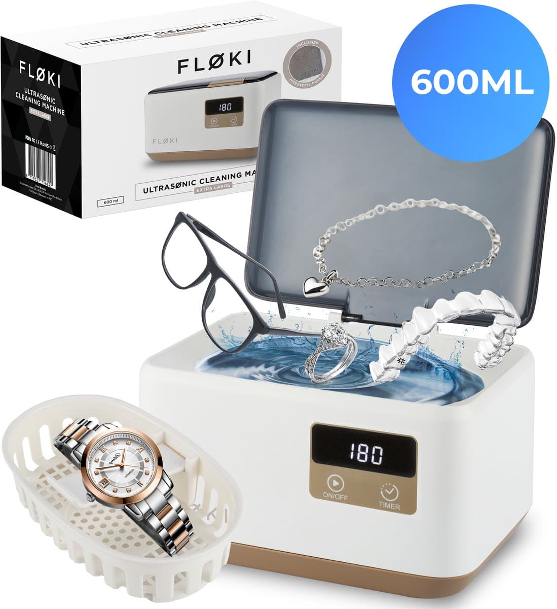 Floki® Ultrasoon reiniger Pro - Ultrasonic Cleaner - 600 ML - Brillenbad - Reinigingsapparaat voor Sieraden en Brillen - Bril schoonmaken