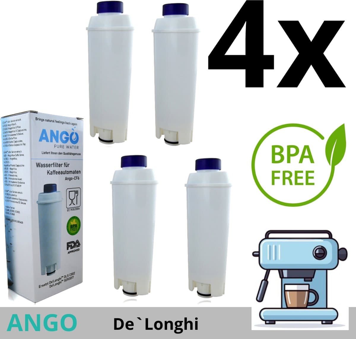 4 x ANGO waterfilter voor Delonghi koffiemachine. Vervanging voor DeLonghi DLS C002 / SER 3017.