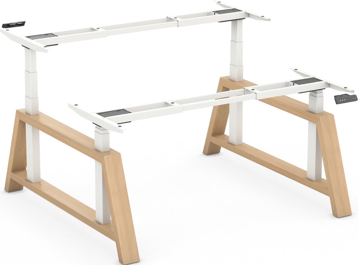 Worktrainer - OakDesk Dubbel Zit Sta Bureau - Hoogte 73,5 - 137,5 cm - Breedte 107,5 - 180 cm – Wit/Eiken - Memory Bediening - In Hoogte Verstelbaar Bureau Duo Onderstel - Elektrisch Frame