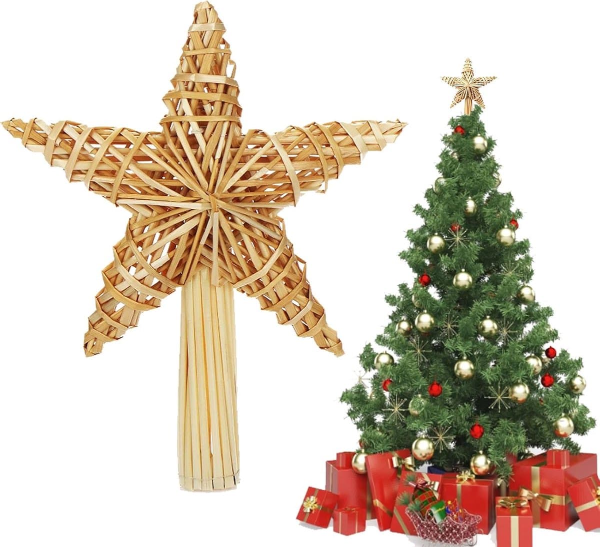 Stro-piek - Handmade kerstboompiek - ster van stro - Stroster - kerstboomversiering van natuurlijk materiaal - ca. 30 x 25 x 8 cm