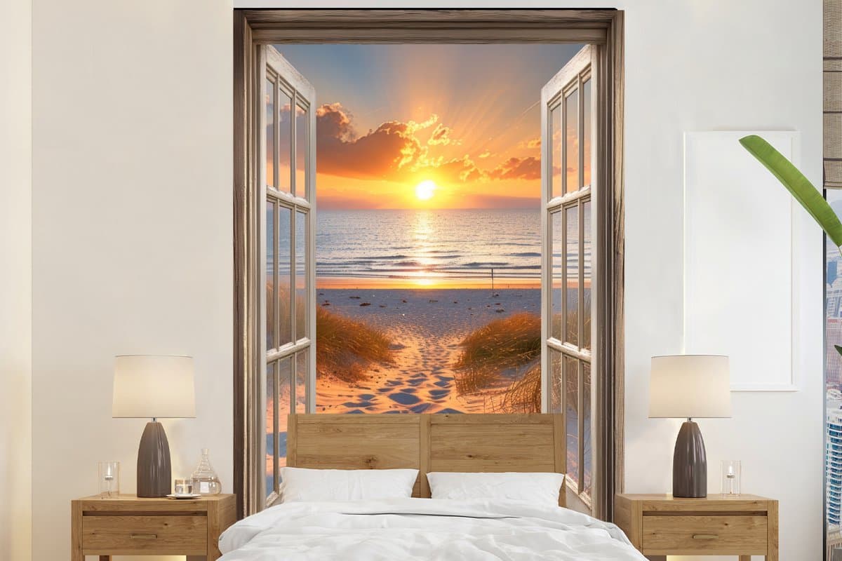 Behang - Fotobehang Doorkijk - Strand - Duinen - Zonsondergang - Breedte 170 cm x hoogte 260 cm