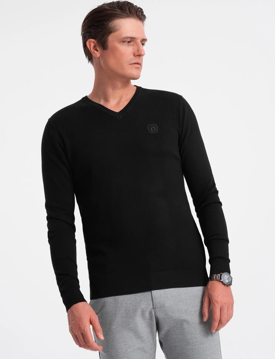 Ombre - Heren V-Hals Sweater - Ribgebreide Boorden - Zwart - Italianstyle