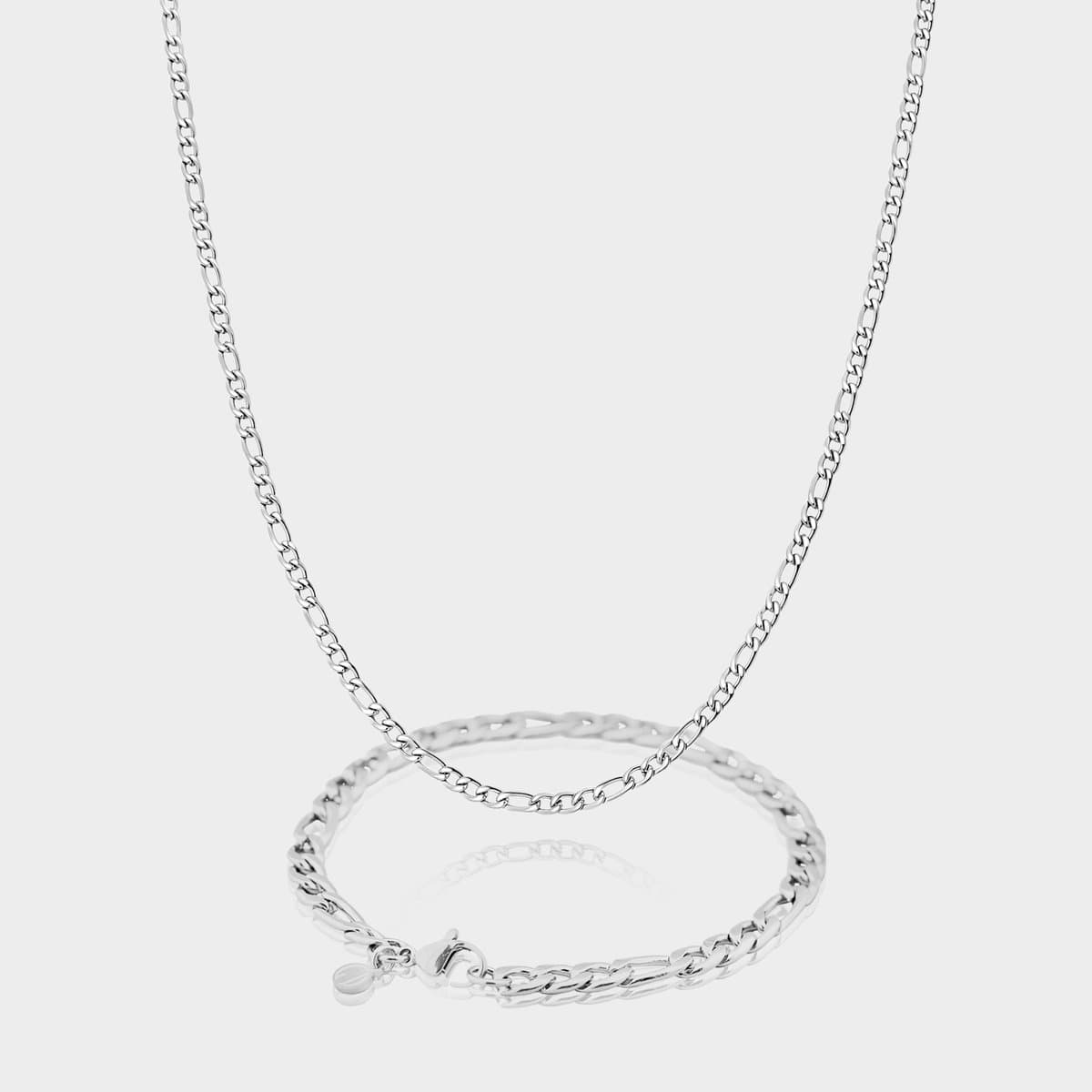 Figaro Ketting 3 mm x Figaro Armband 5 mm - Zilveren Schakelketting en Schakelarmband Heren - 50/21 cm lang - Olympus Jewelry