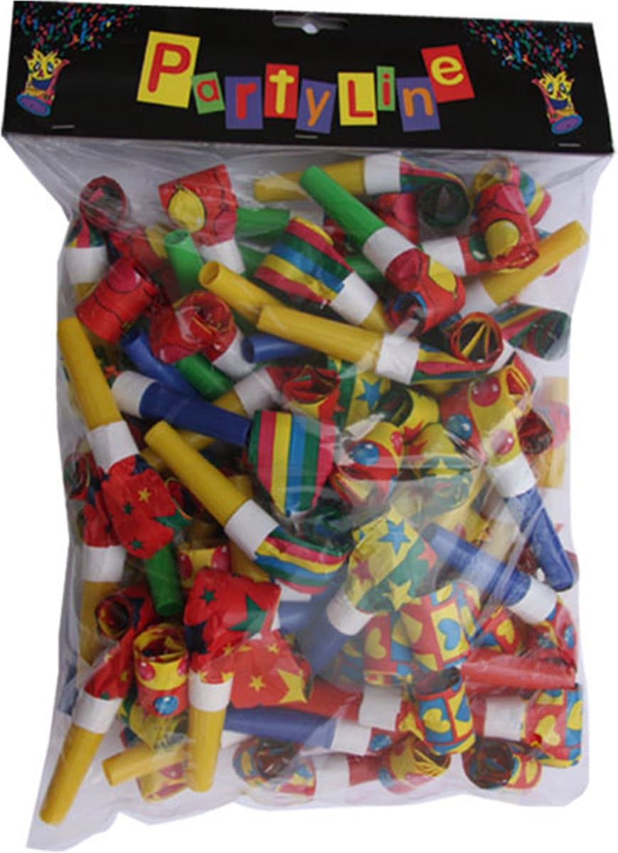 Faram Party Blaas toeters - roltongen party mini toetertjes - 72x stuks - Metallic kleuren - papier