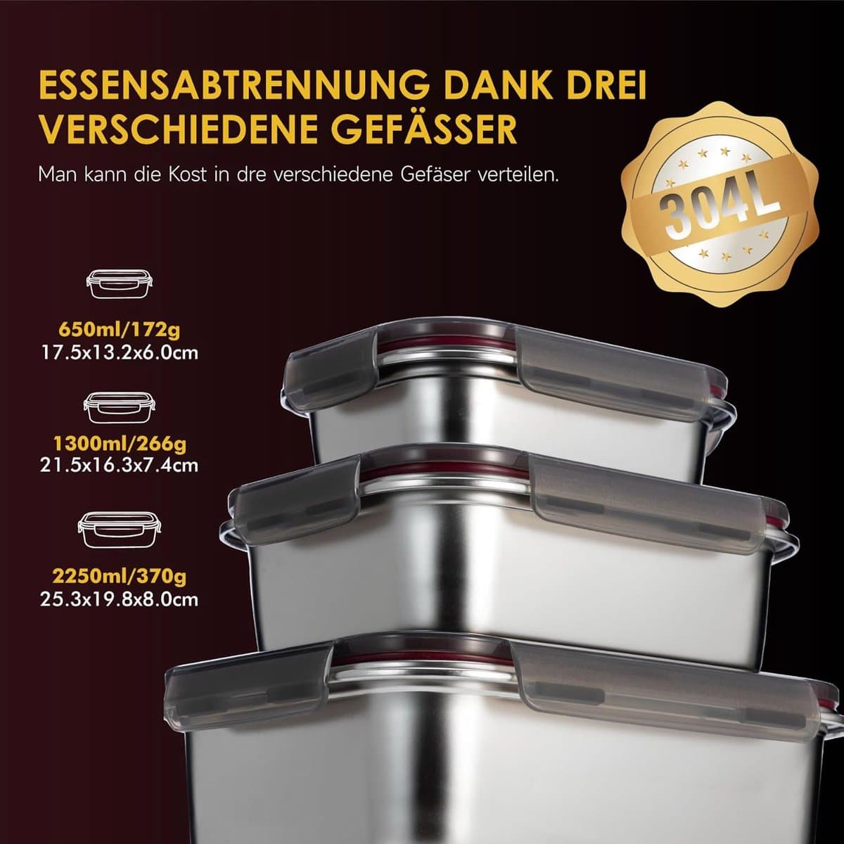 Vershouddozen van roestvrij staal/lynxbox met luchtdicht deksel, set van 3, meal prep, voorraaddoos, voedselcontainer voor de keuken