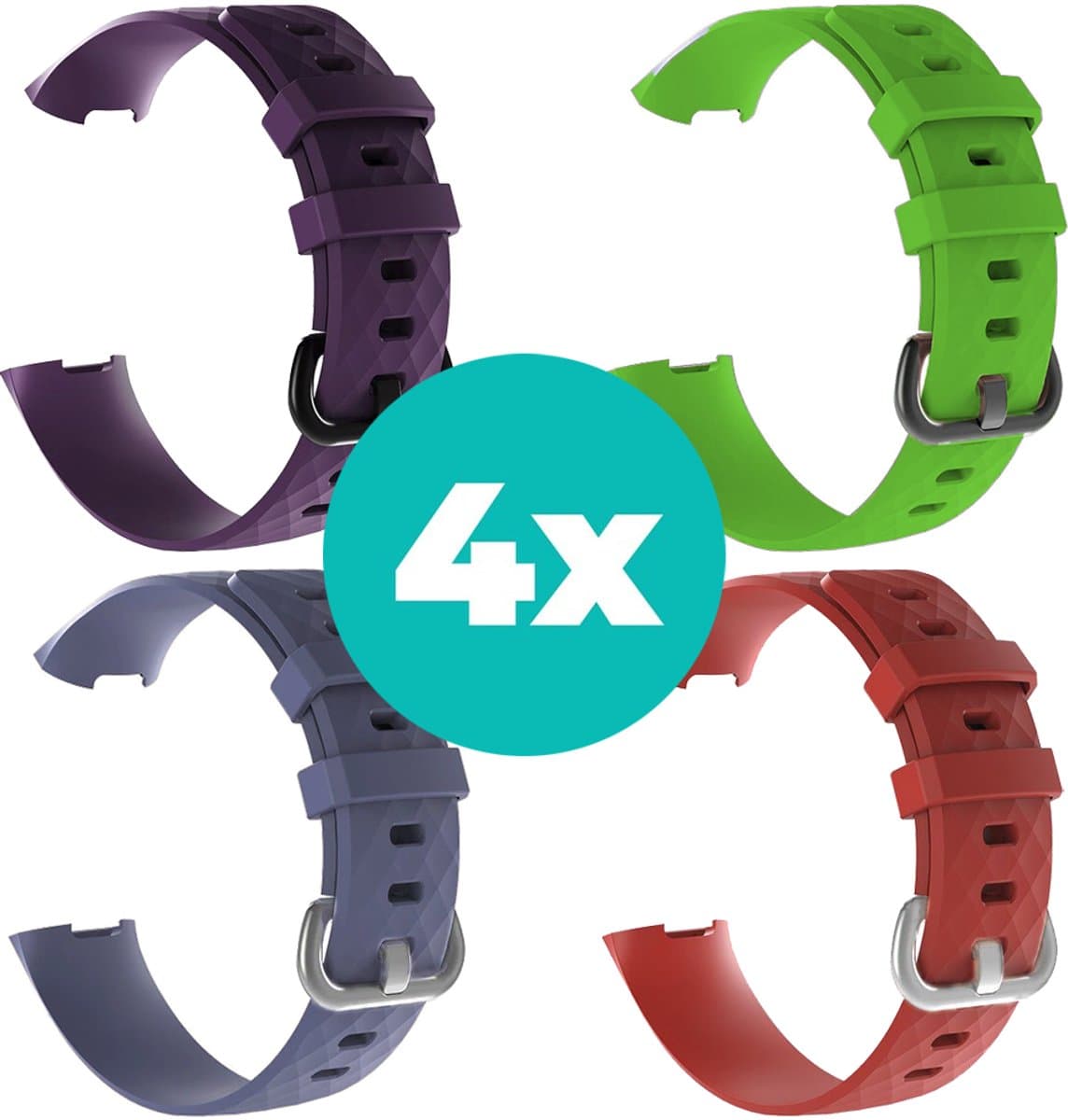 Siliconen bandjes geschikt voor Fitbit Charge 4 bandje - Bundel van 4 bandjes - Sport bandje Geschikt voor Fitbit Charge 3 bandje - Set bandjes 4x Paars - Grijsblauw - Rood - Groen - Maat M/L (Large)