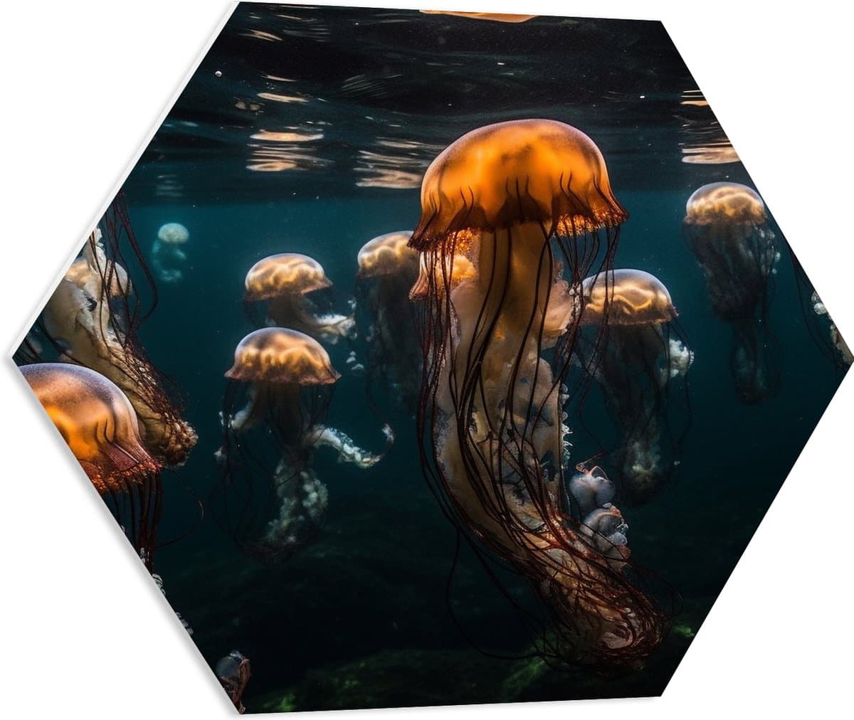 PVC Schuimplaat Hexagon - Kwallen - Zee - Oceaan - Dieren - Groep - 60x52.2 cm Foto op Hexagon (Met Ophangsysteem)