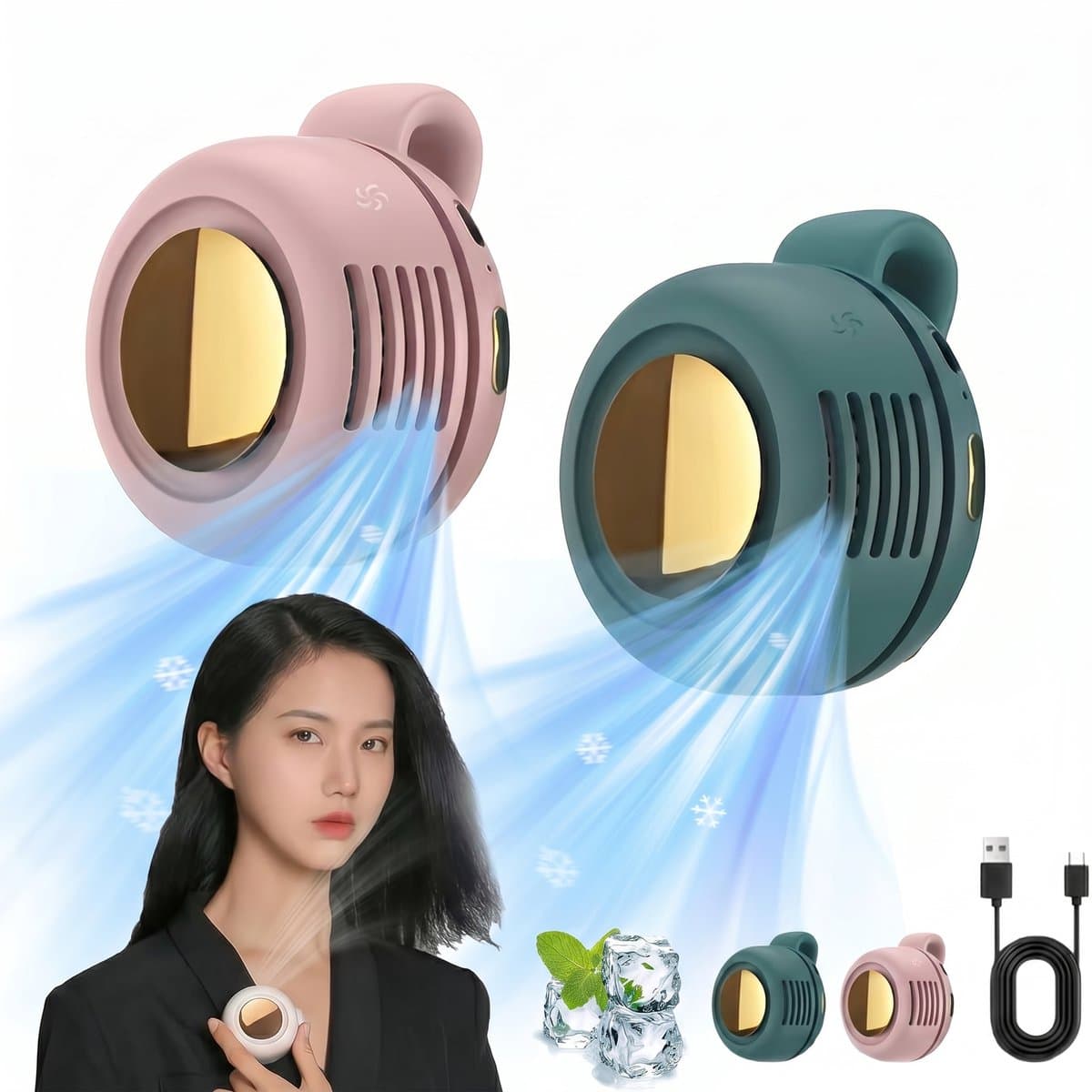 2 Stuks Mini Clip-On Fan – Draagbare USB Oplaadbare 360° Rotatable Ventilator – 3-Snelheden Stille Bladloze Fan - Ideaal voor buiten, op reis en op kantoor – Groen en Roze