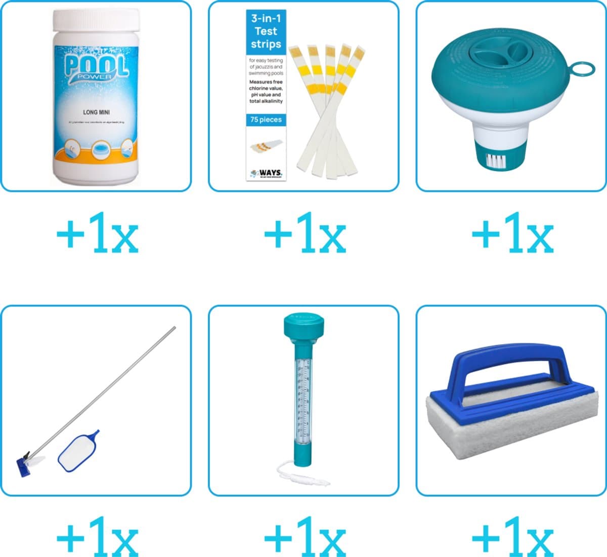 Zwembad Onderhoudspakket - Onderhoud Zwembad - bevat Chloor - Testrips - Chloordrijver - Schoonmaakset - Thermometer en Scrubborstel (6-delig)