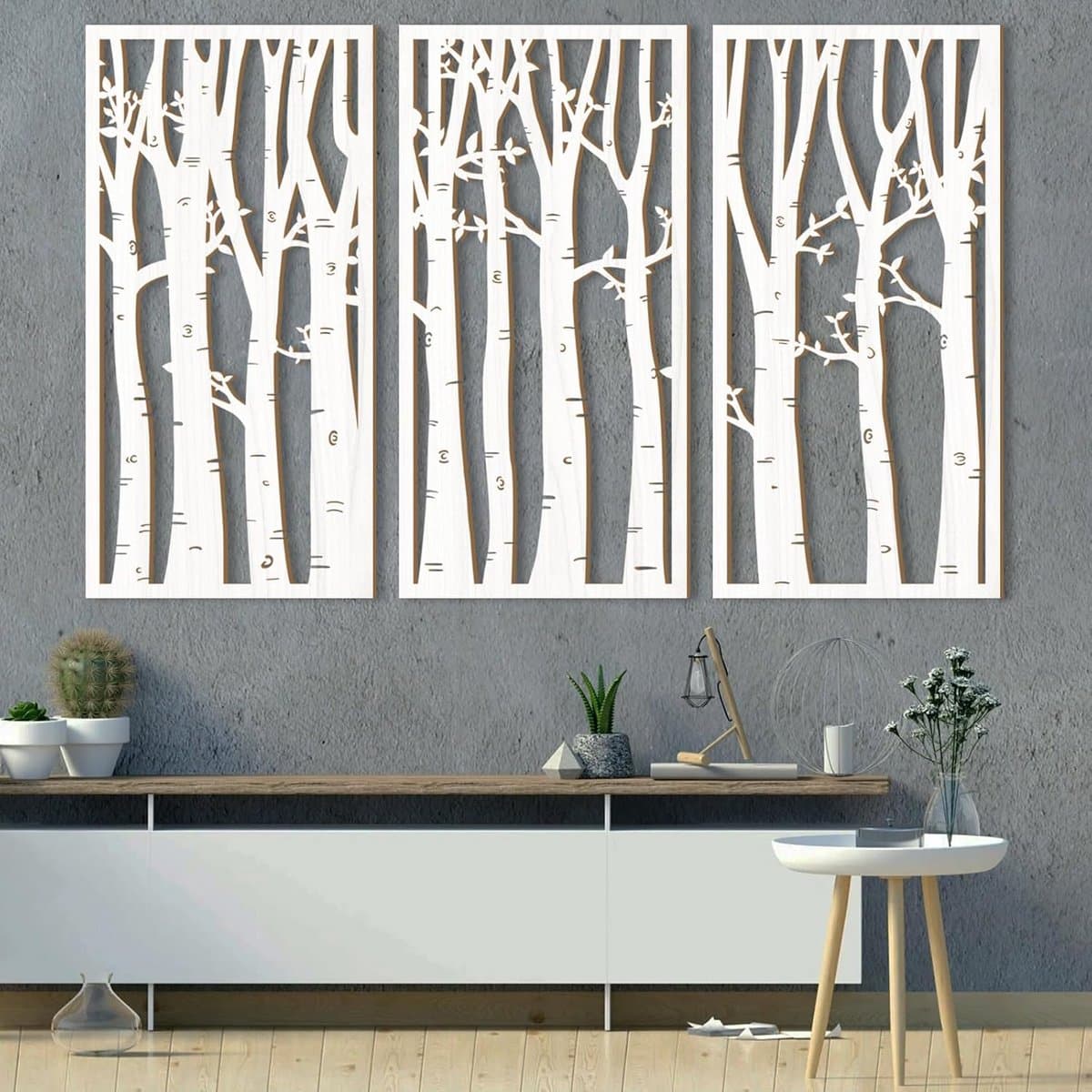 Houten 3D Wanddecoratie Set van 3 Panelen in Vorm van Berkenboom voor Woonkamer en Kantoor
