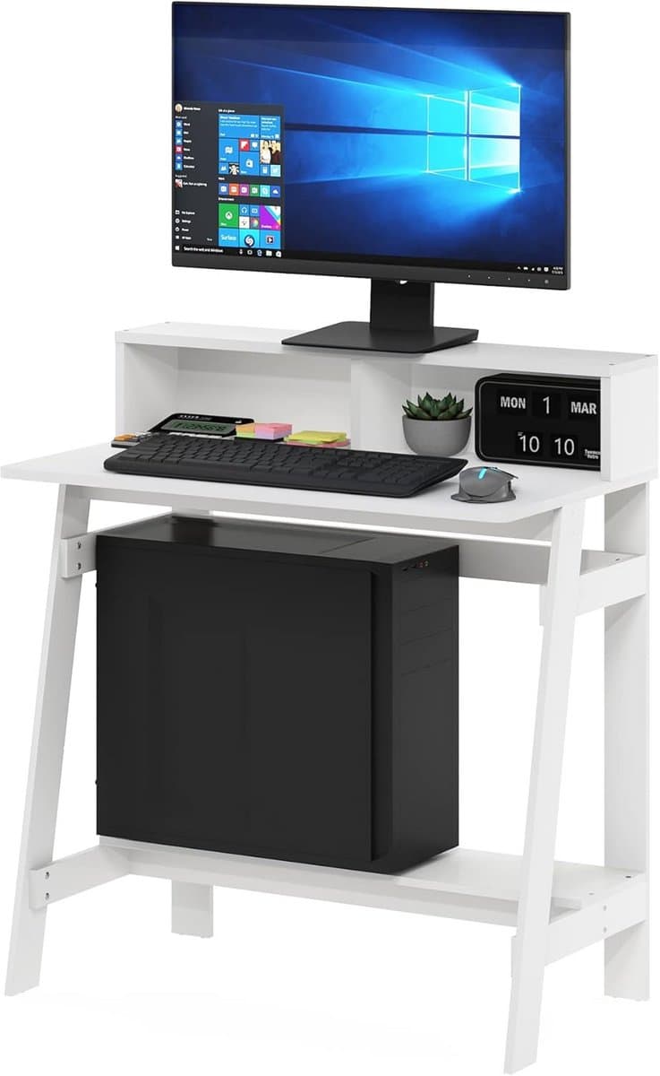 Compact Computerbureau Wit met Extra Opbergvak en Monitorverhoging - Ideaal Thuiskantoor