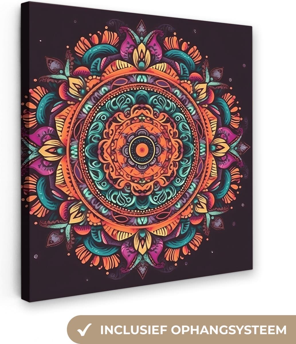Canvas schilderij 20x20 cm - Wanddecoratie Mandala - Bloemen - Hippie - Boho - Oranje - Muurdecoratie woonkamer - Slaapkamer decoratie - Kamer accessoires - Schilderijen op canvas