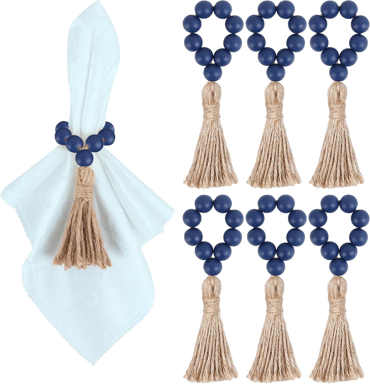 Meplait 6 Pack houten kralen servet ringen, boerderij servet ring, marineblauw