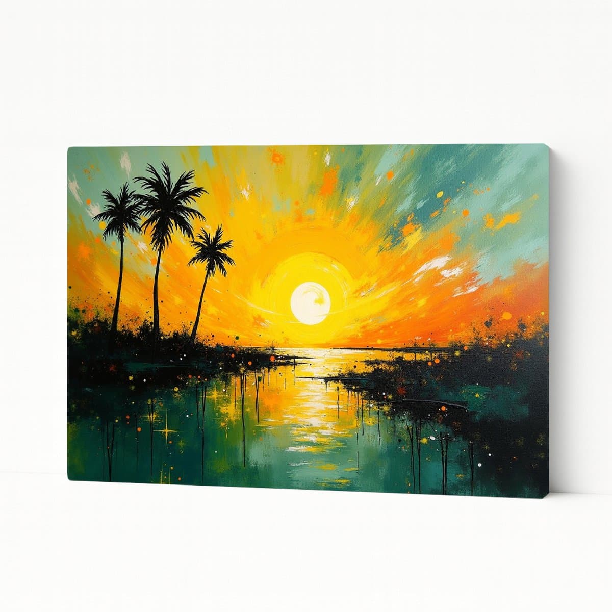 Zon en palmen – wanddecoratie – woondecoratie – Canvas schilderij – 45x30 cm