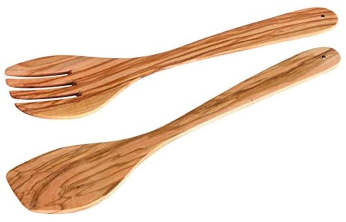 Houten Saladebestek 30 cm - Vaatwasmachinebestendige Slavork en Slalepel van Olijfhout