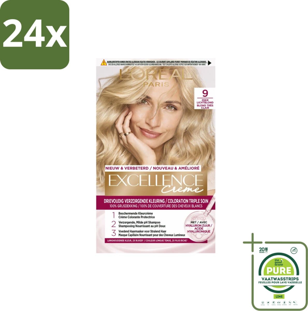 L'Oréal Paris - Excellence Crème - Zeer Lichtblond 9 - Haarverf - Permanente Haarkleuring - Voordeelverpakking - 24 stuks - Haarverf - Permanente haarkleuring