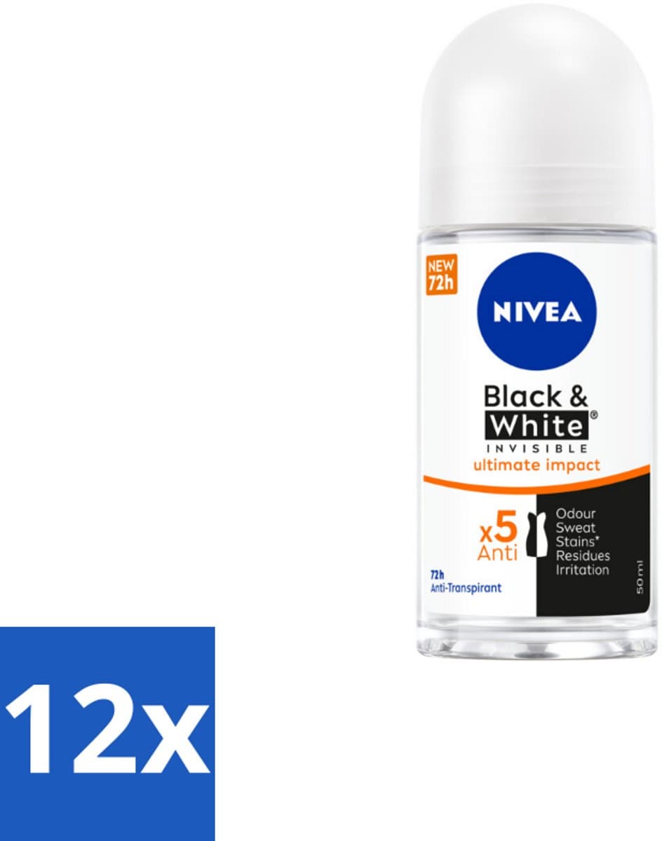 NIVEA - Deodorant Roller - Zwart & Wit Ultieme Impact - 72 Uur Anti-Transpirant - 50 ml - Voordeelverpakking - 12 stuks