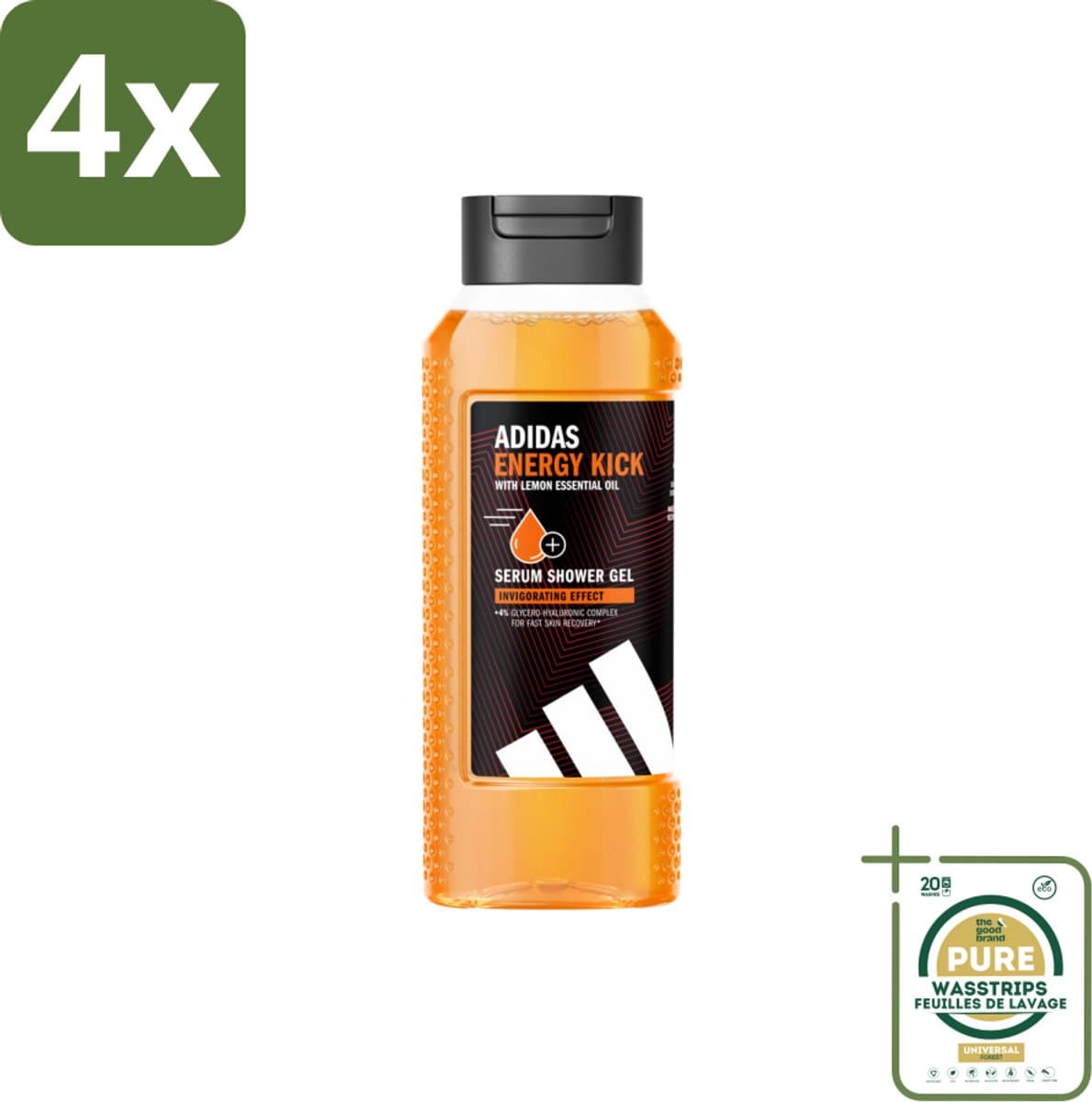 Adidas – Douchegel – Active Skin & Mind Energy Kick – 250 ml - Voordeelverpakking - 4 stuks - Frisheid - Citroen