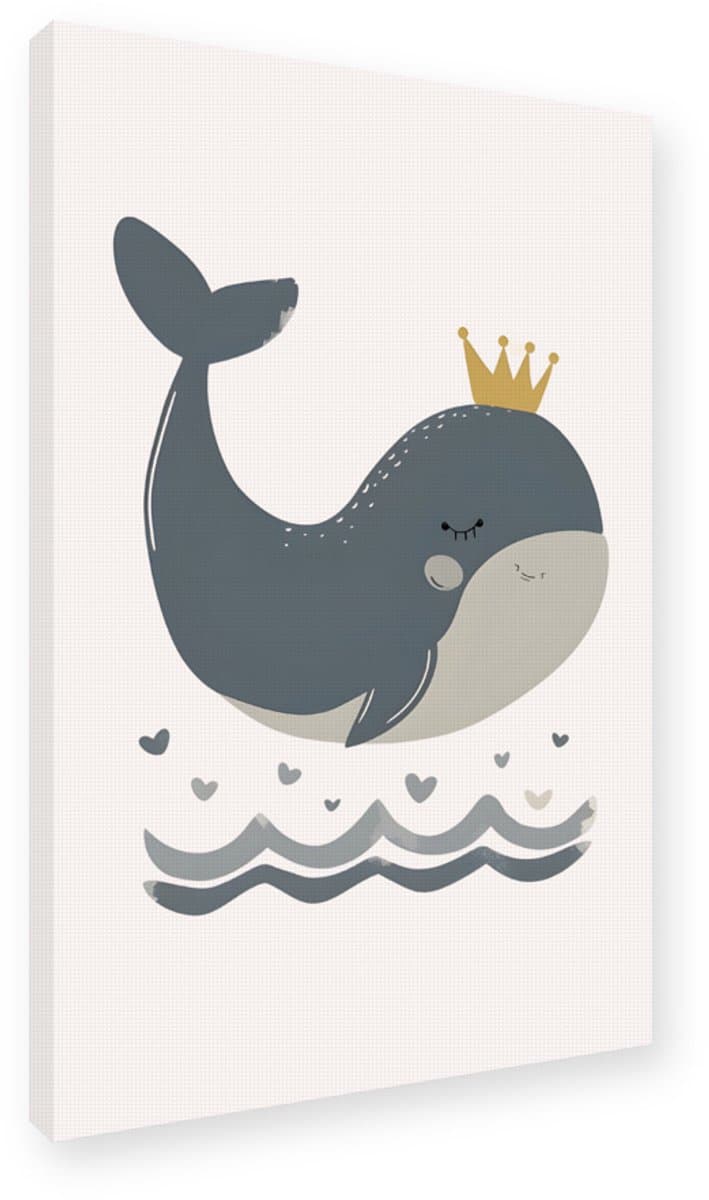 Walvis met Kroon Schilderij - Canvas op Frame 30x45 cm - Wanddecoratie Kinderkamer - Schattige Walvis Kunstdruk, Walvis met Kroon