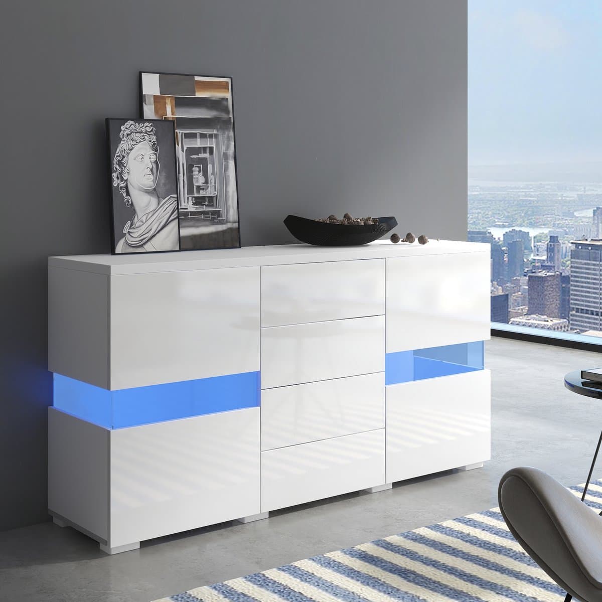 Sideboard - wit hoogglans - 16 kleuren LED (app) - 2 acryl deuren & 4 laden - USB