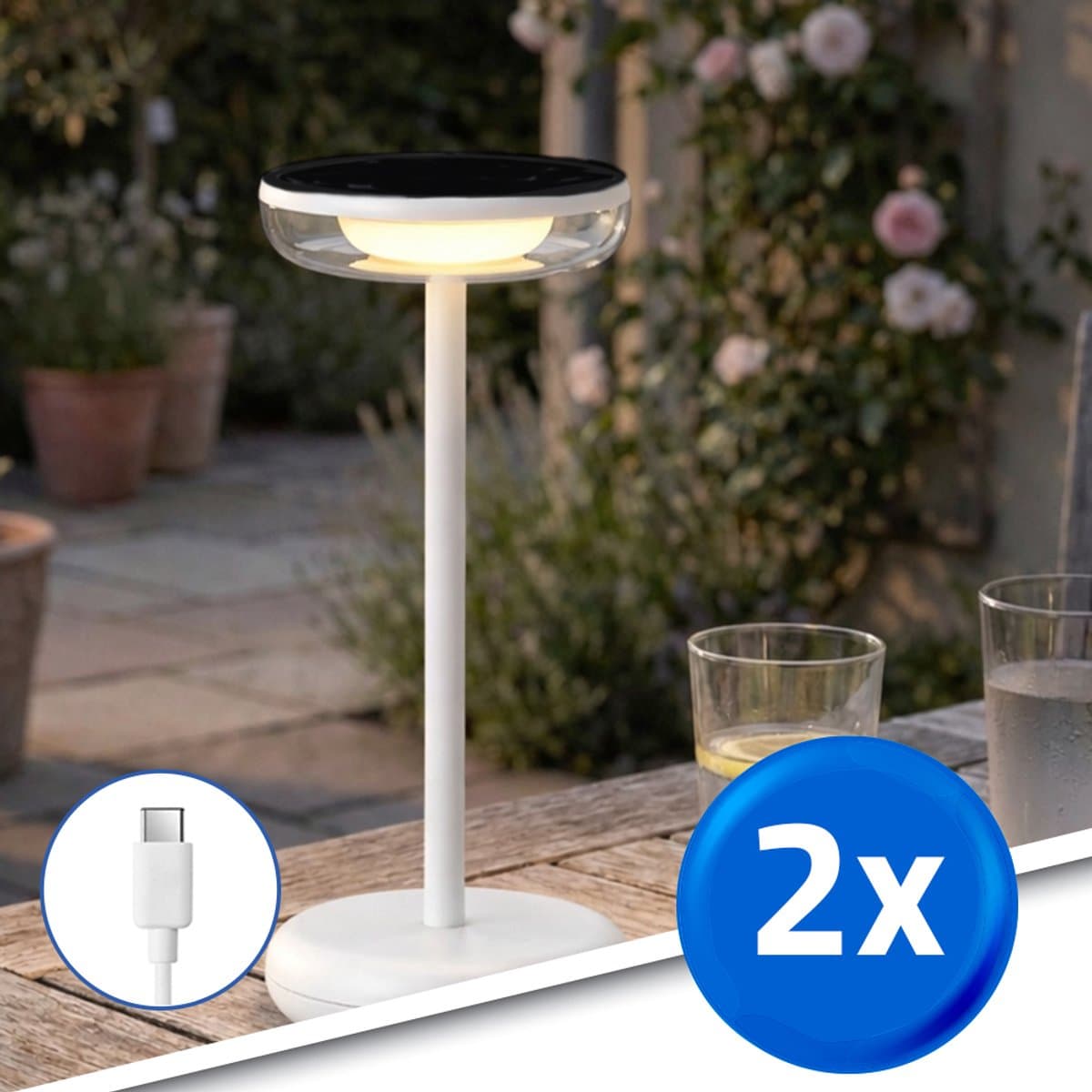 Tafellamp oplaadbaar ‘Vita’ - Voordeelset van 2 stuks - Wit - USB-C oplaadbaar - Werkt ook op zonne-energie - Warm wit licht 2700K - Tafellamp voor binnen én buiten - Solar tuinverlichting