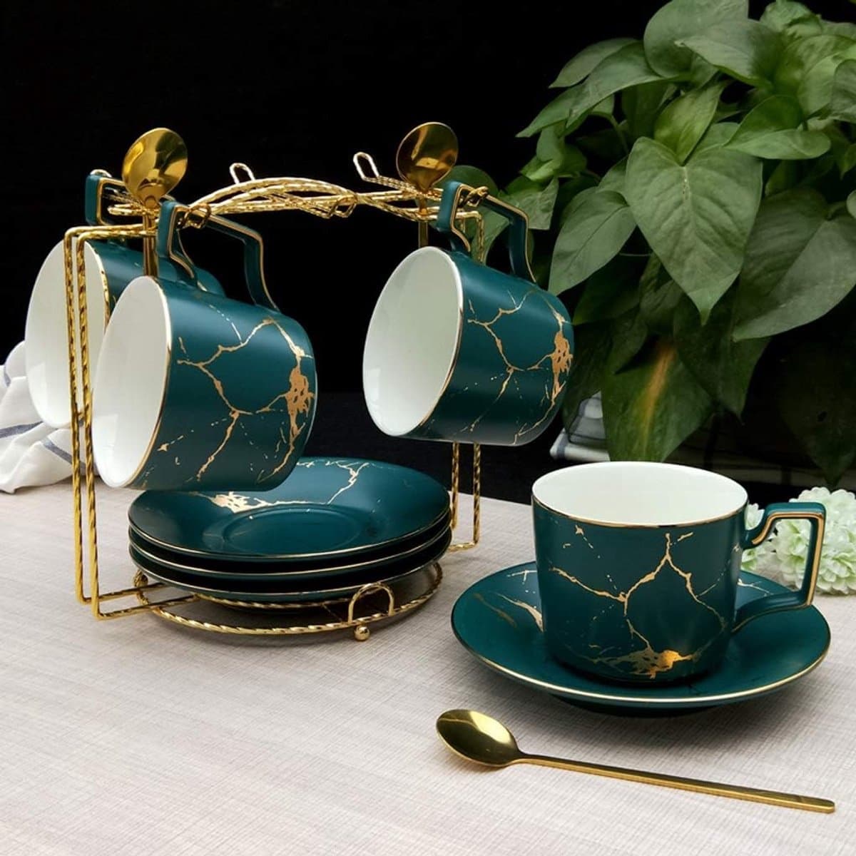 Keramische Kopjes - Theeservies Set - Genieten van Drankjes - Hoge Temperatuur Bak - 4 Delen - Marmer Wit