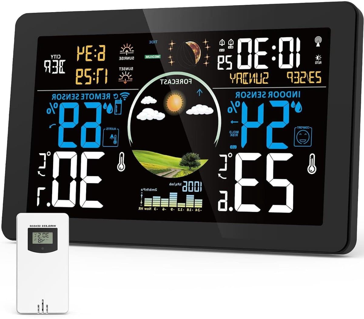 Draadloos Weerstation - Digitale Weermelder - Binnen Buiten Meten - 4 Zones Monitoring - 7.5 Inch Scherm - Zwart