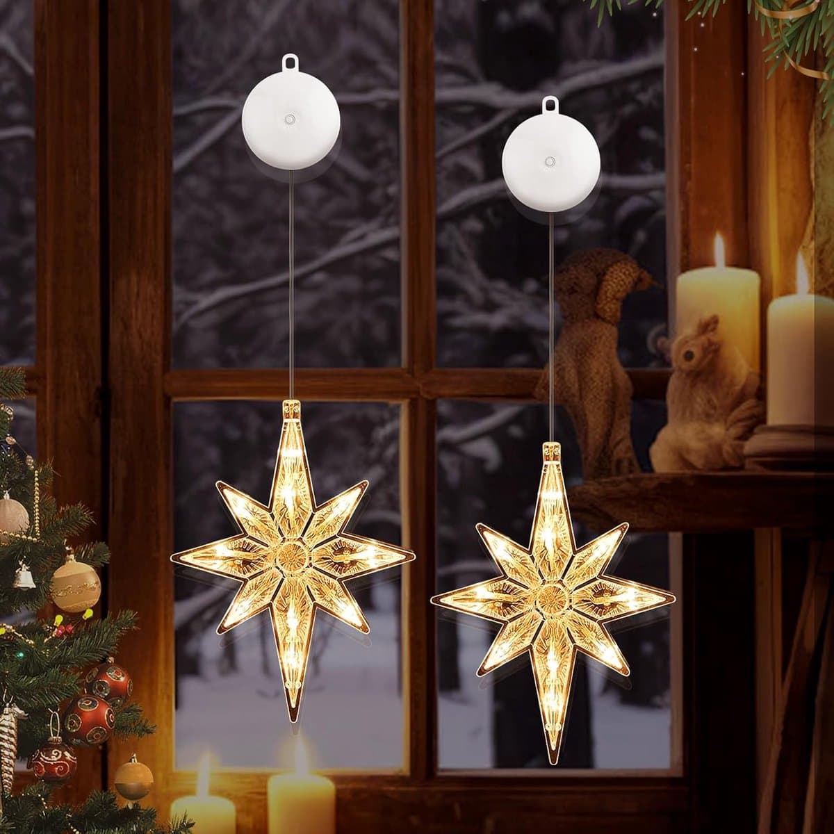 Sander Shop 10 led-sterren, kerstverlichting, 2 stuks, raam met zuignappen, warm wit, lichtketting, kerstdecoratie, raamverlichting, lampkraal, batterij, voor Kerstmis, feest, bruiloft, raamdecoratie
