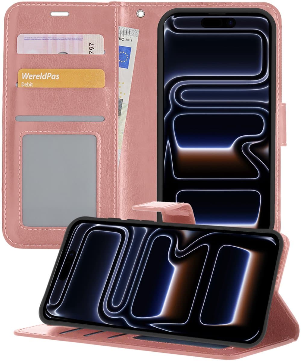 Hoesje - Geschikt voor Apple iPhone 17 Pro Max - Luxe Bookcase - Walletcase Hoes - Portemonnee - Cover - Telefoonhoes - Rosé goud