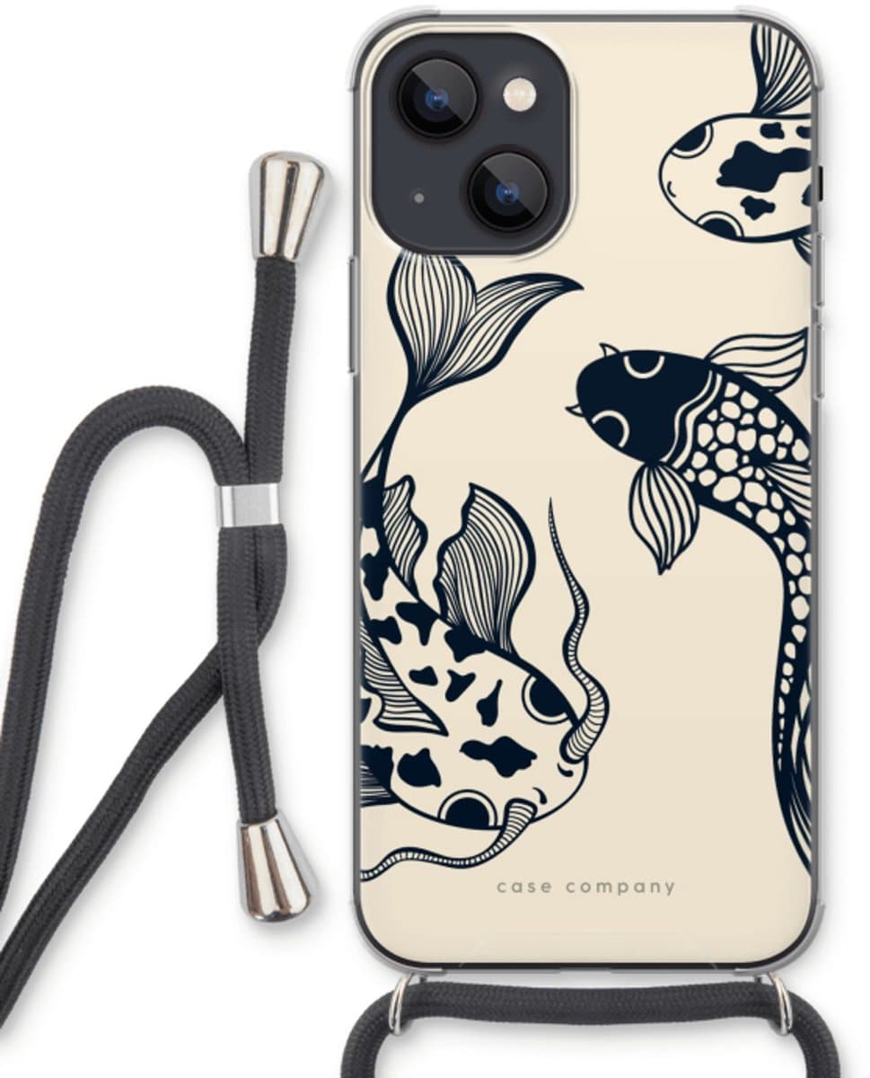 Case Company® - Hoesje met koord geschikt voor iPhone 13 hoesje met Koord - Black Koi - Telefoonhoesje met Zwart Koord - Bescherming aan alle Kanten en Over de Schermrand