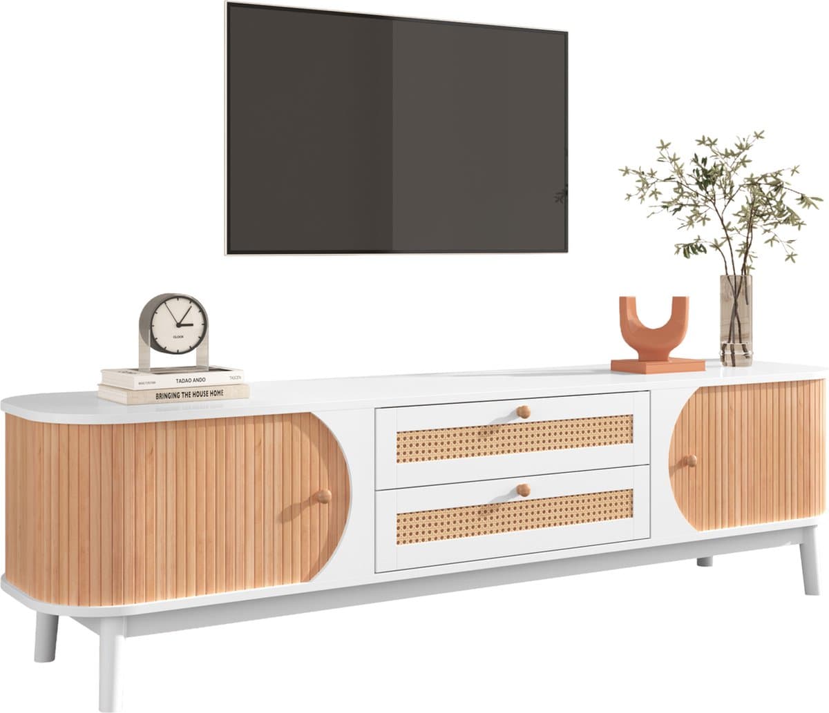 Merax Rotan TV Meubel van Hout - Kast met Schuifdeuren en Lades - Wit met Bruin