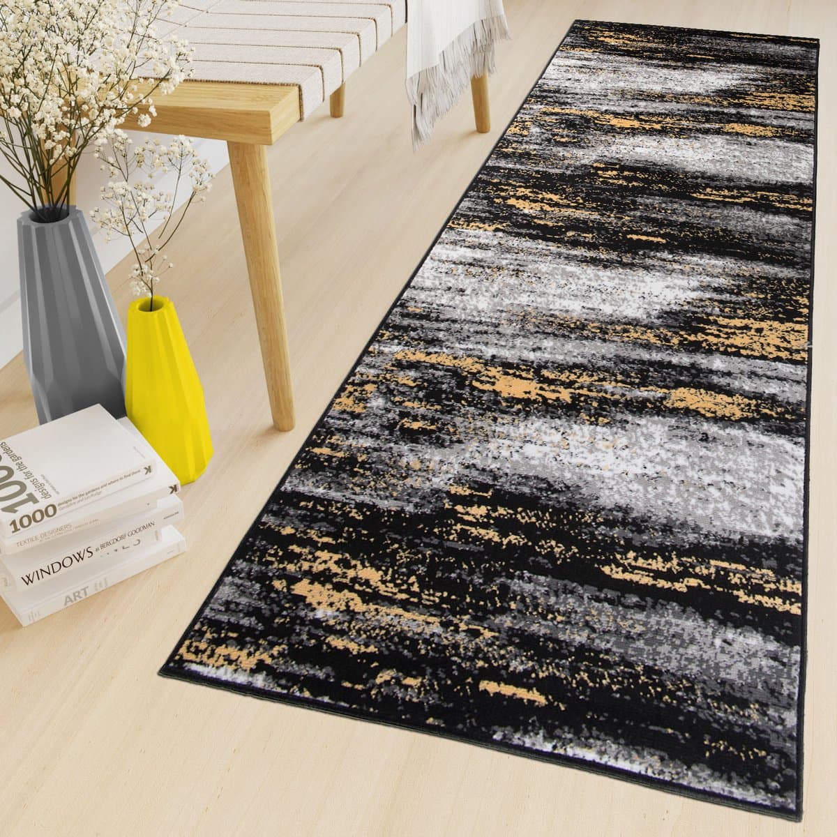 Tapiso Maya Loper Vloerkleed Grijs Zwart Gang Modern Woonkamer Gang Maat- 60x1200