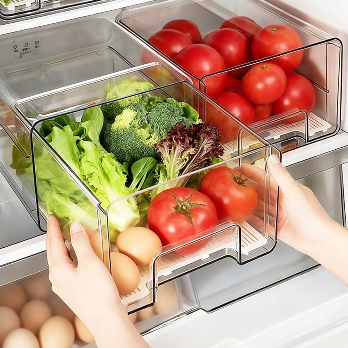 Transparante koelkast organizer voor fruit, groenten en snacks - stapelbare opbergdoos voor een opgeruimde koelkast