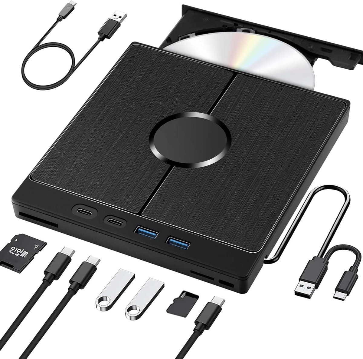 External CD DVD Drive, USB 3.0 Type-C Portable CD DVD Burner +/-RW, External, with USB/SD/TF Card Reader, Portable for PC, Laptop, Desktop, MacBook, Win11/10/8/7/XP, Linux, Mac OS, Vista