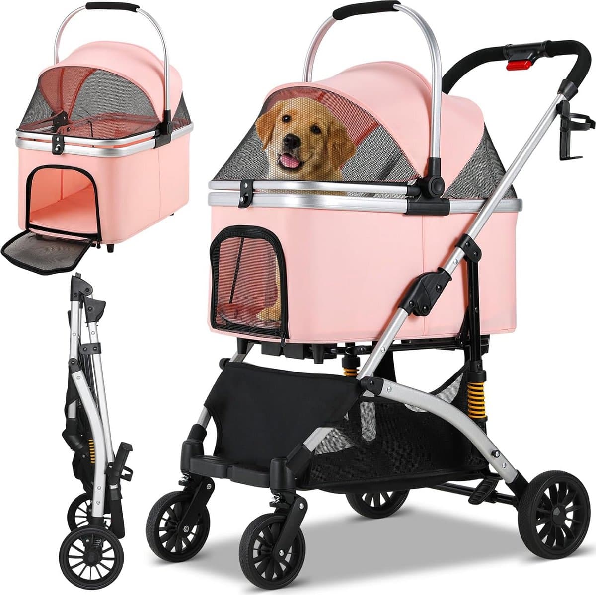 Hondenbuggy 3-in-1 tot 20 kg met 360° Wielen en Schokdemping - Draagbare Hondentransportbox met Netvenster - Handige Bekerhouder voor Katten en Kleine Honden - Compact Opvouwbaar voor Onderweg