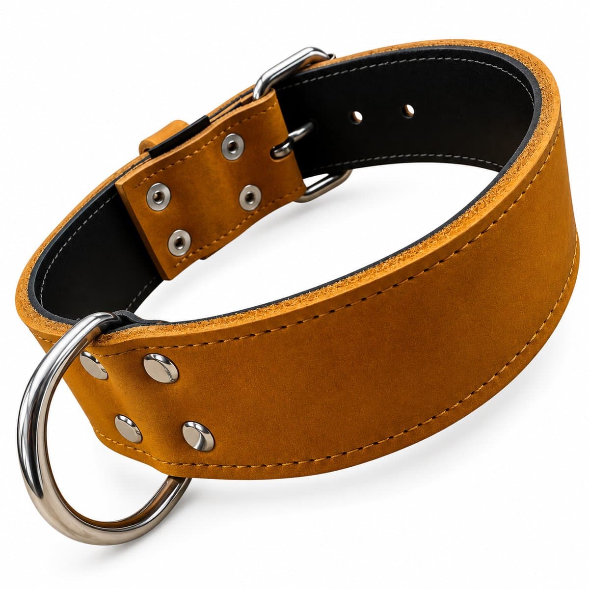 K9 World, honden halsband, cognac bruin leder, dubbel gestikt, 5cm breed, 55-65cm